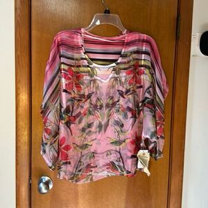 Cute colourful bird and flower tank with sheer overlay shirt